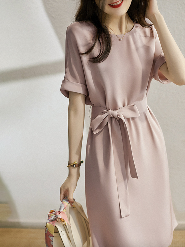 ワンピース レディース 半袖 上品 エレガント ドレス てろんと感 無地 シルク調 ウエストマーク 膝丈 リボン Aライン フォーマル パーティー 結婚式 ジョイフィール joyfeel