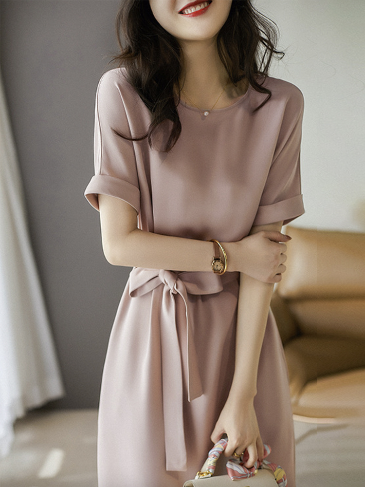 ワンピース レディース 半袖 上品 エレガント ドレス てろんと感 無地 シルク調 ウエストマーク 膝丈 リボン Aライン フォーマル パーティー 結婚式 ジョイフィール joyfeel