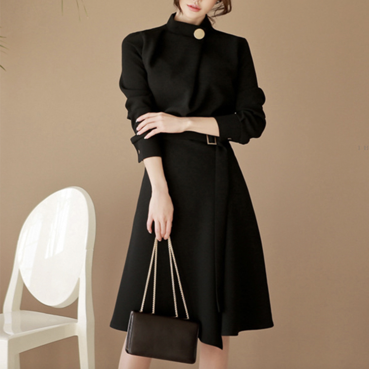 ワンピース レディース スタンドカラー モックネック 長袖 スリット ウエストマーク ベルト エレガント 上品 ドレス ワインレッド 黒 フレア Dazzle ダズル