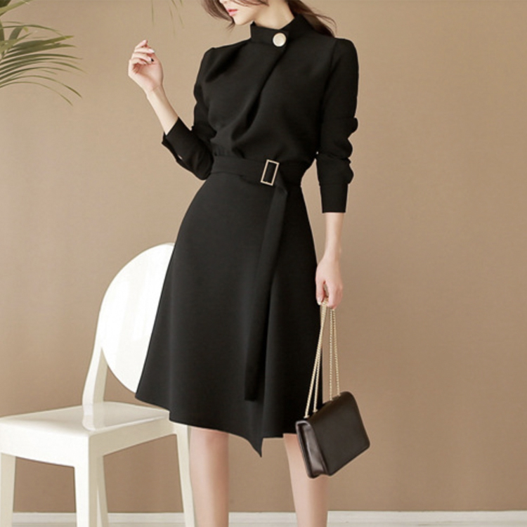 ワンピース レディース スタンドカラー モックネック 長袖 スリット ウエストマーク ベルト エレガント 上品 ドレス ワインレッド 黒 フレア Dazzle ダズル