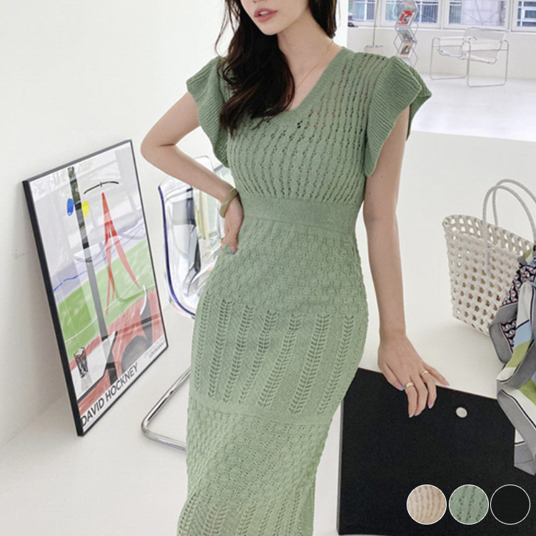 ワンピース レディース クロシェ 半袖 フレンチスリーブ ロングワンピース クロシェニット エレガント おしゃれ 透けニット 春 夏  黒  Dazzle ダズル