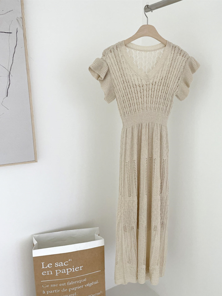 ワンピース レディース クロシェ 半袖 フレンチスリーブ ロングワンピース クロシェニット エレガント おしゃれ 透けニット 春 夏  黒  Dazzle ダズル