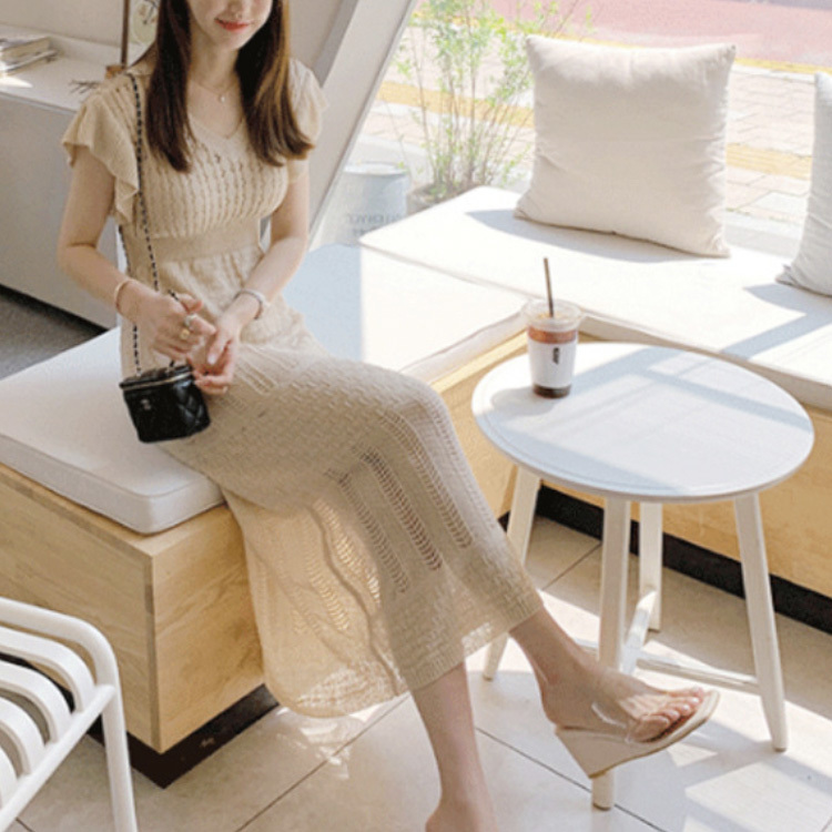 ワンピース レディース クロシェ 半袖 フレンチスリーブ ロングワンピース クロシェニット エレガント おしゃれ 透けニット 春 夏  黒  Dazzle ダズル