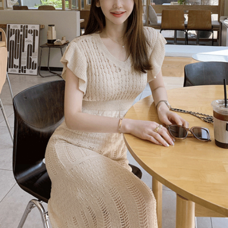 ワンピース レディース クロシェ 半袖 フレンチスリーブ ロングワンピース クロシェニット エレガント おしゃれ 透けニット 春 夏  黒  Dazzle ダズル