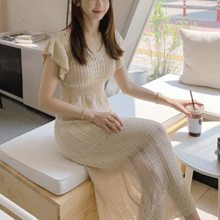 ワンピース レディース クロシェ 半袖 フレンチスリーブ ロングワンピース クロシェニット エレガント おしゃれ 透けニット 春 夏  黒  Dazzle ダズル