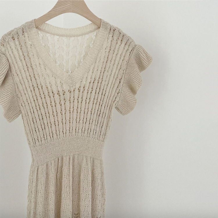 ワンピース レディース クロシェ 半袖 フレンチスリーブ ロングワンピース クロシェニット エレガント おしゃれ 透けニット 春 夏  黒  Dazzle ダズル