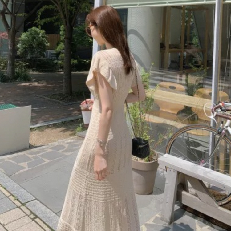 ワンピース レディース クロシェ 半袖 フレンチスリーブ ロングワンピース クロシェニット エレガント おしゃれ 透けニット 春 夏  黒  Dazzle ダズル