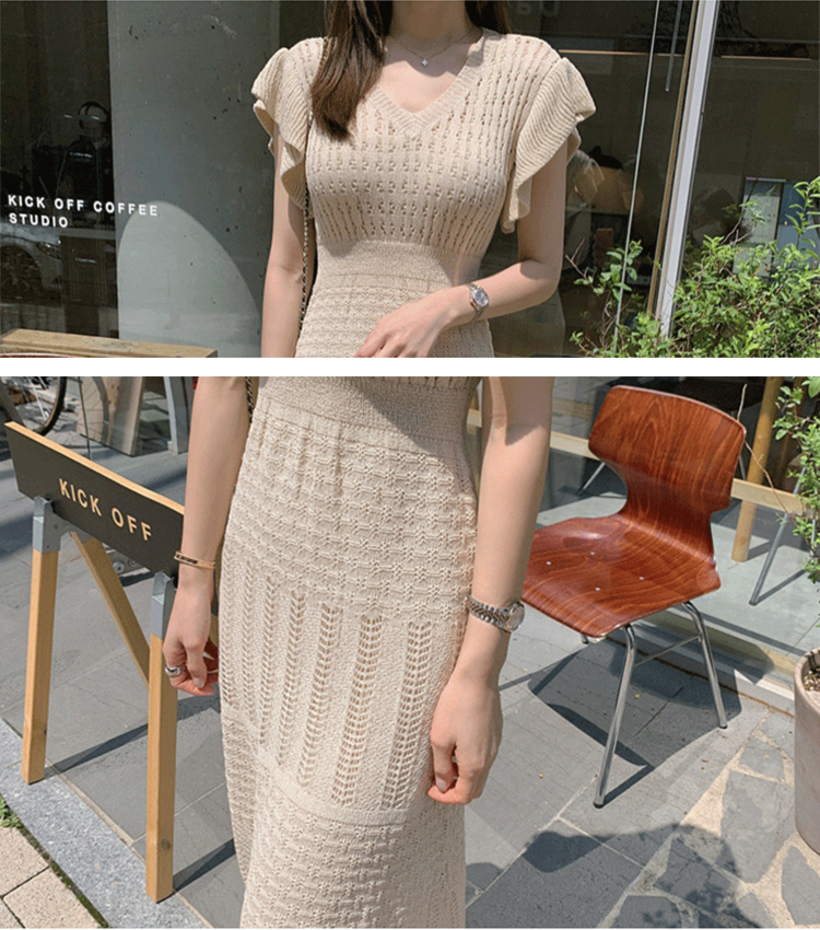 ワンピース レディース クロシェ 半袖 フレンチスリーブ ロングワンピース クロシェニット エレガント おしゃれ 透けニット 春 夏  黒  Dazzle ダズル