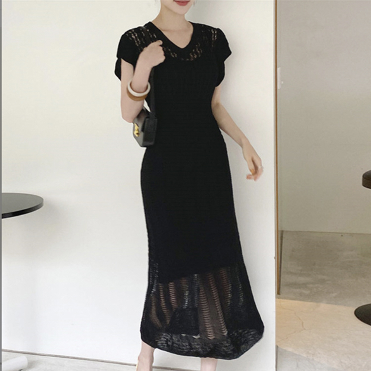 ワンピース レディース クロシェ 半袖 フレンチスリーブ ロングワンピース クロシェニット エレガント おしゃれ 透けニット 春 夏  黒  Dazzle ダズル