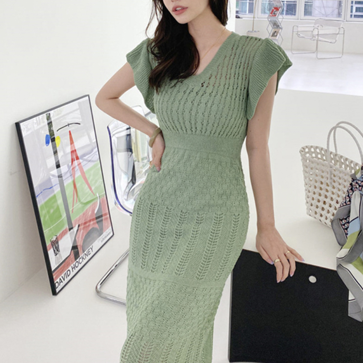 ワンピース レディース クロシェ 半袖 フレンチスリーブ ロングワンピース クロシェニット エレガント おしゃれ 透けニット 春 夏  黒  Dazzle ダズル