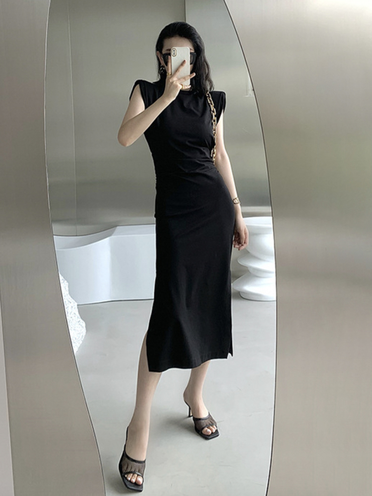 ワンピース レディース ドレス ノースリーブ 無地 ミモレ丈 スリット タイト セクシー おしゃれ フレンチスリーブ　キャップスリーブ 肩パッド 黒 ブラック  Dazzle ダズル