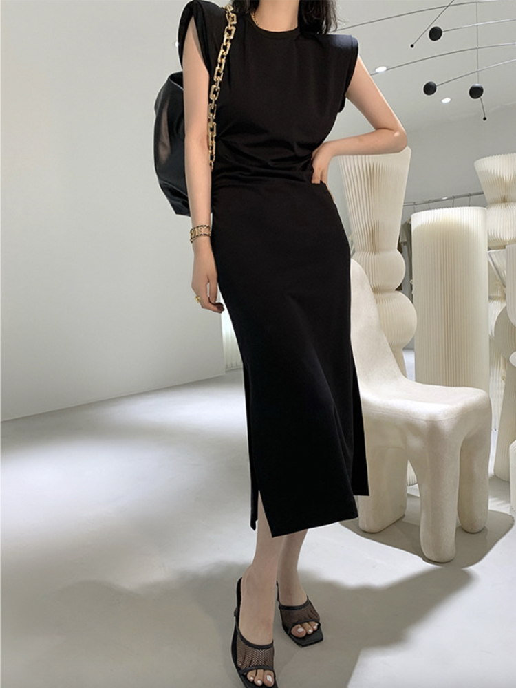 ワンピース レディース ドレス ノースリーブ 無地 ミモレ丈 スリット タイト セクシー おしゃれ フレンチスリーブ　キャップスリーブ 肩パッド 黒 ブラック  Dazzle ダズル