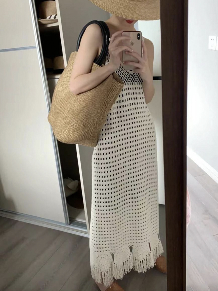 ワンピース レディース 編み ロングワンピース クロシェ ニット Vネック 春 夏 透かし彫り ノースリーブ シースルー 重ね着  ジョイフィール joyfeel