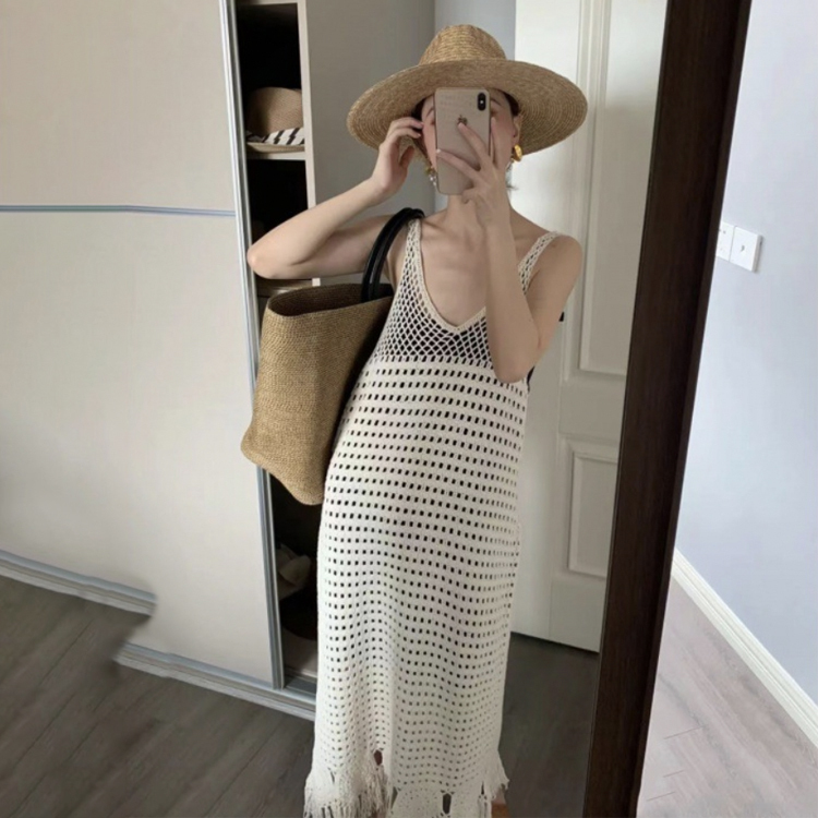 ワンピース レディース 編み ロングワンピース クロシェ ニット Vネック 春 夏 透かし彫り ノースリーブ シースルー 重ね着  ジョイフィール joyfeel