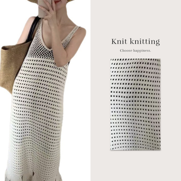 ワンピース レディース 編み ロングワンピース クロシェ ニット Vネック 春 夏 透かし彫り ノースリーブ シースルー 重ね着  ジョイフィール joyfeel