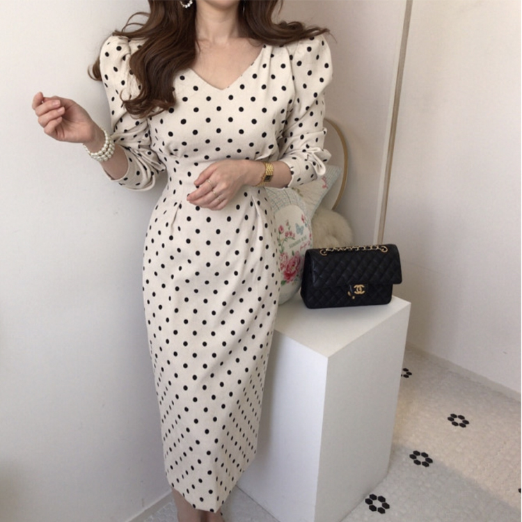 ワンピース レディース 柄 春 秋 ドット柄 ドット ミモレ丈 コーデュロイ タイト Vネック おしゃれ エレガント 大人 白 ホワイト ブラウン きれいめ  Dazzle ダズル