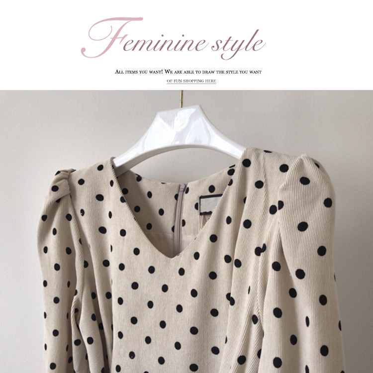 ワンピース レディース 柄 春 秋 ドット柄 ドット ミモレ丈 コーデュロイ タイト Vネック おしゃれ エレガント 大人 白 ホワイト ブラウン きれいめ  Dazzle ダズル