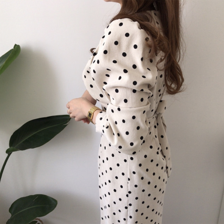 ワンピース レディース 柄 春 秋 ドット柄 ドット ミモレ丈 コーデュロイ タイト Vネック おしゃれ エレガント 大人 白 ホワイト ブラウン きれいめ  Dazzle ダズル