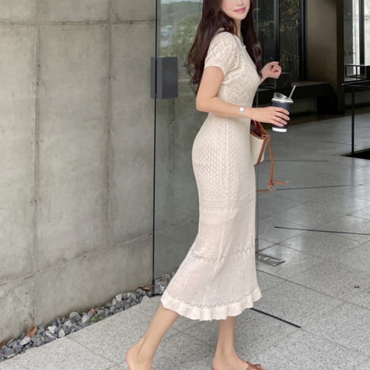 ワンピース レディース クロシェ 半袖 サマーニット メッシュ 透かし編み ミモレ丈 タイト 春 夏 セクシー エレガント シアー シースルー おしゃれ Dazzle ダズル