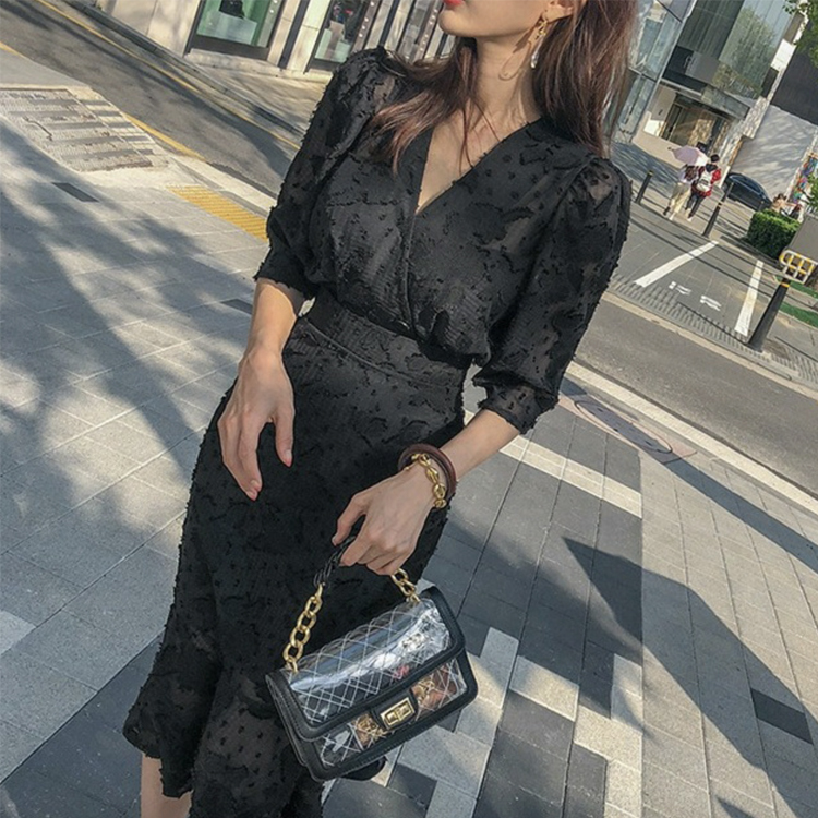 ワンピース レディース 五分袖 春 夏 エレガント マーメイド ミモレ丈 シフォン レース シースルー ロングワンピース 黒 ブラック Vネック ハイウエスト  Dazzle ダズル