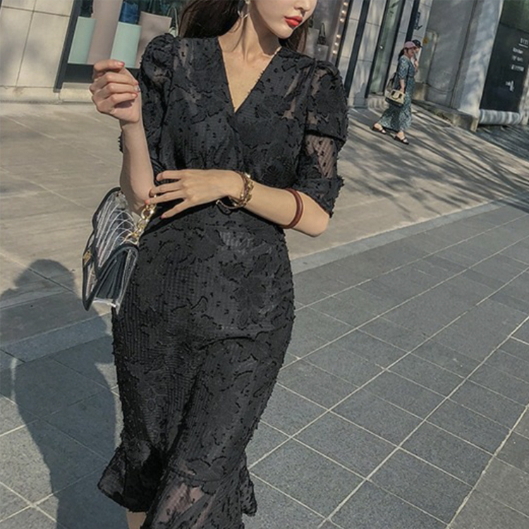 ワンピース レディース 五分袖 春 夏 エレガント マーメイド ミモレ丈 シフォン レース シースルー ロングワンピース 黒 ブラック Vネック ハイウエスト  Dazzle ダズル