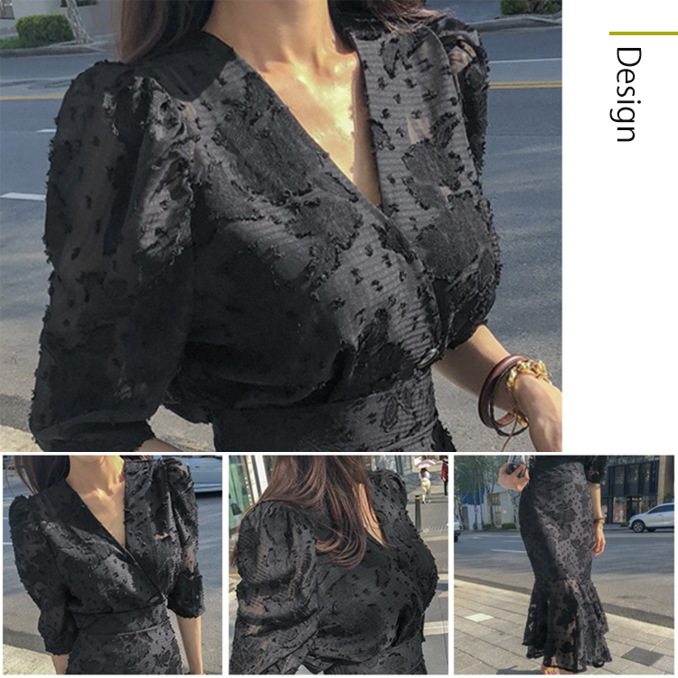 ワンピース レディース 五分袖 春 夏 エレガント マーメイド ミモレ丈 シフォン レース シースルー ロングワンピース 黒 ブラック Vネック ハイウエスト  Dazzle ダズル