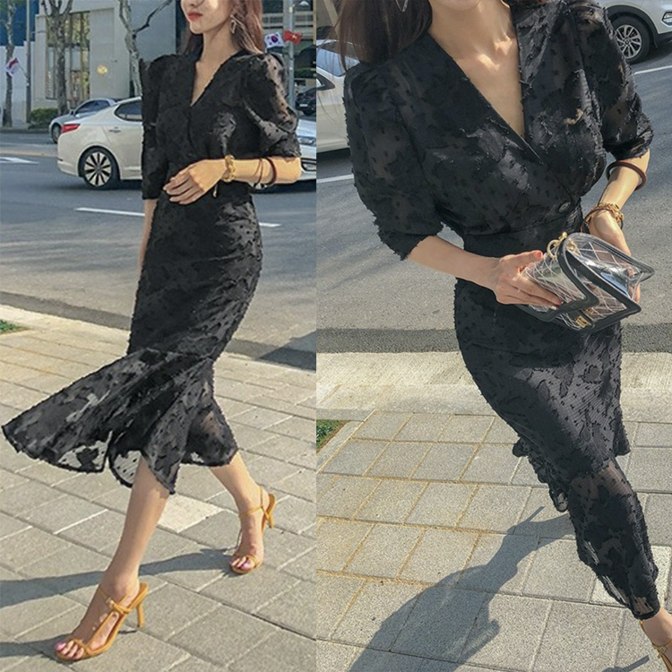 ワンピース レディース 五分袖 春 夏 エレガント マーメイド ミモレ丈 シフォン レース シースルー ロングワンピース 黒 ブラック Vネック ハイウエスト  Dazzle ダズル