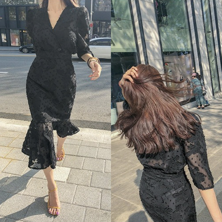 ワンピース レディース 五分袖 春 夏 エレガント マーメイド ミモレ丈 シフォン レース シースルー ロングワンピース 黒 ブラック Vネック ハイウエスト  Dazzle ダズル