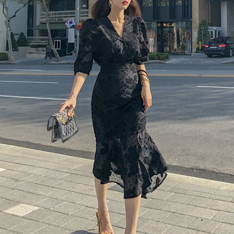 ワンピース レディース 五分袖 春 夏 エレガント マーメイド ミモレ丈 シフォン レース シースルー ロングワンピース 黒 ブラック Vネック ハイウエスト  Dazzle ダズル