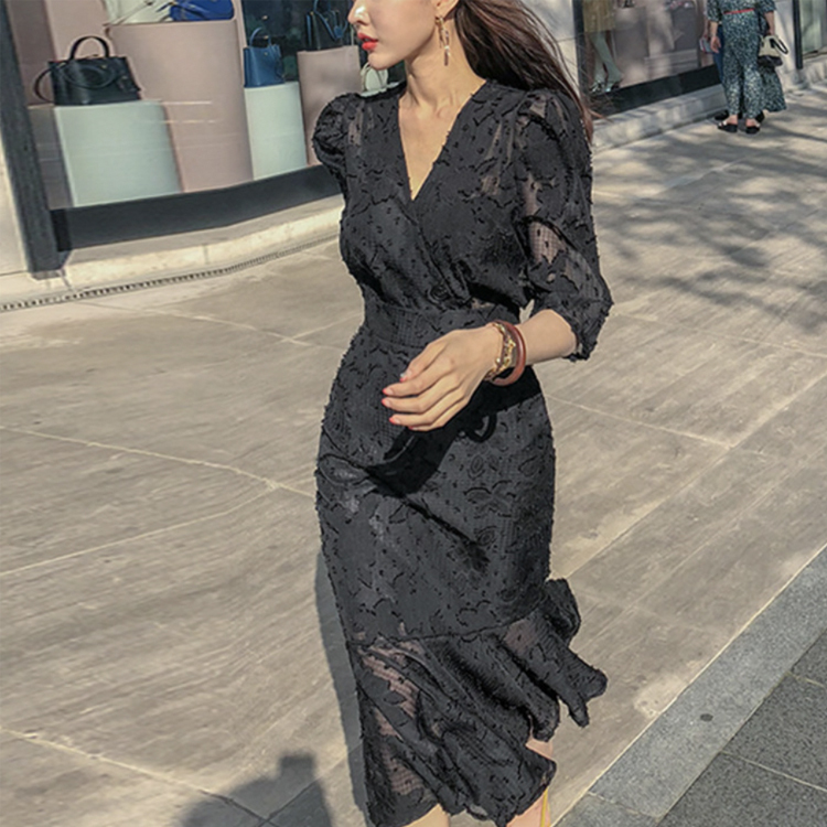 ワンピース レディース 五分袖 春 夏 エレガント マーメイド ミモレ丈 シフォン レース シースルー ロングワンピース 黒 ブラック Vネック ハイウエスト  Dazzle ダズル