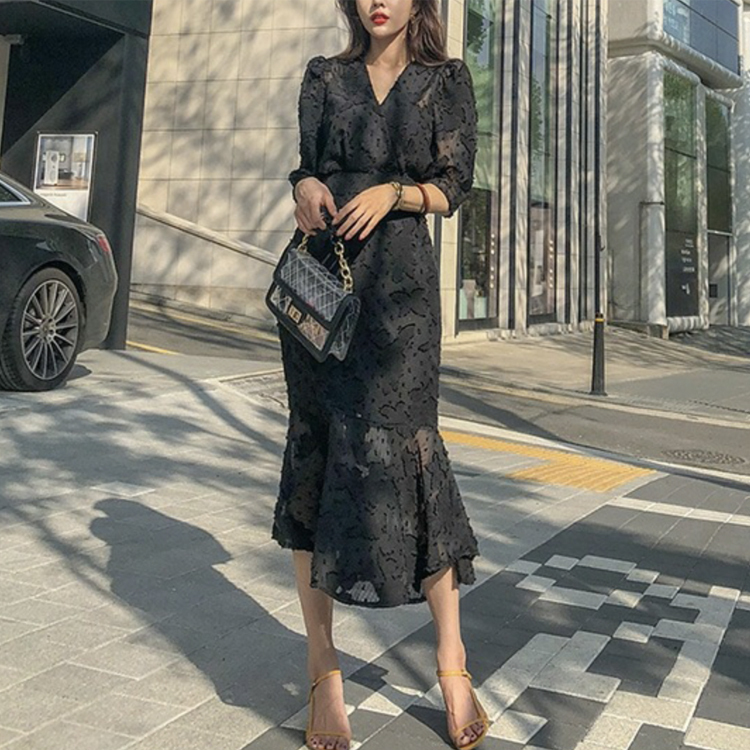 ワンピース レディース 五分袖 春 夏 エレガント マーメイド ミモレ丈 シフォン レース シースルー ロングワンピース 黒 ブラック Vネック ハイウエスト  Dazzle ダズル