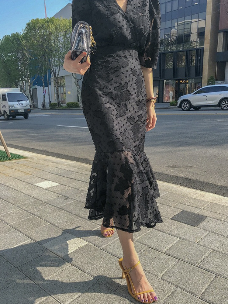 ワンピース レディース 五分袖 春 夏 エレガント マーメイド ミモレ丈 シフォン レース シースルー ロングワンピース 黒 ブラック Vネック ハイウエスト  Dazzle ダズル