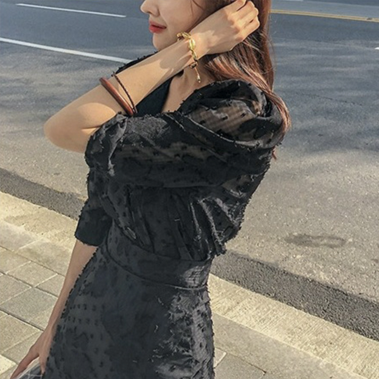 ワンピース レディース 五分袖 春 夏 エレガント マーメイド ミモレ丈 シフォン レース シースルー ロングワンピース 黒 ブラック Vネック ハイウエスト  Dazzle ダズル