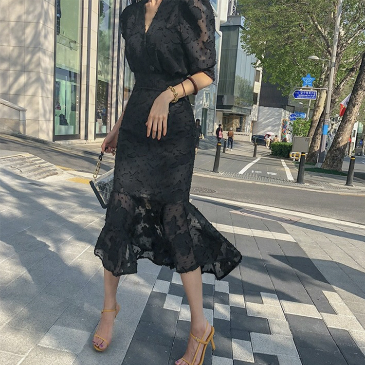 ワンピース レディース 五分袖 春 夏 エレガント マーメイド ミモレ丈 シフォン レース シースルー ロングワンピース 黒 ブラック Vネック ハイウエスト  Dazzle ダズル