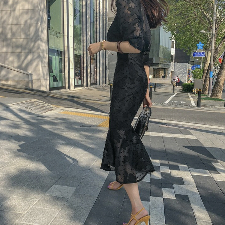 ワンピース レディース 五分袖 春 夏 エレガント マーメイド ミモレ丈 シフォン レース シースルー ロングワンピース 黒 ブラック Vネック ハイウエスト  Dazzle ダズル