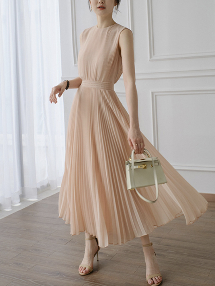 ワンピース レディース ノースリーブ プリーツ ロング丈 ロングワンピース 春 夏 プリーツワンピース シフォン フェミニン エレガント Aライン きれいめ Dazzle ダズル