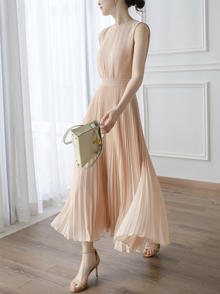 ワンピース レディース ノースリーブ プリーツ ロング丈 ロングワンピース 春 夏 プリーツワンピース シフォン フェミニン エレガント Aライン きれいめ Dazzle ダズル
