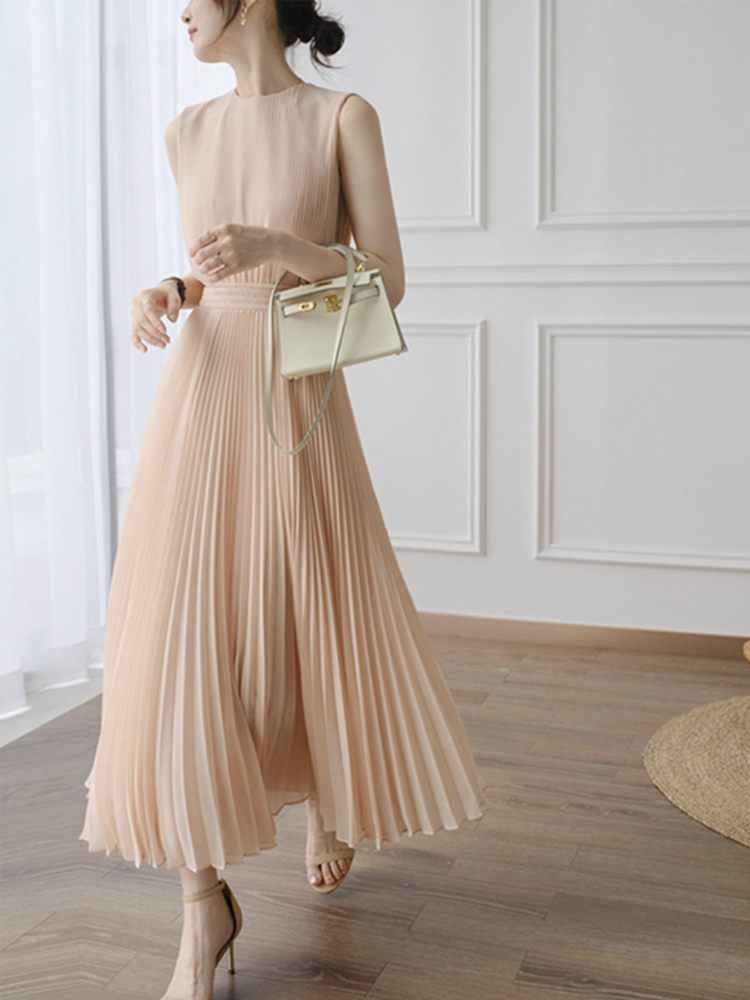 ワンピース レディース ノースリーブ プリーツ ロング丈 ロングワンピース 春 夏 プリーツワンピース シフォン フェミニン エレガント Aライン きれいめ Dazzle ダズル