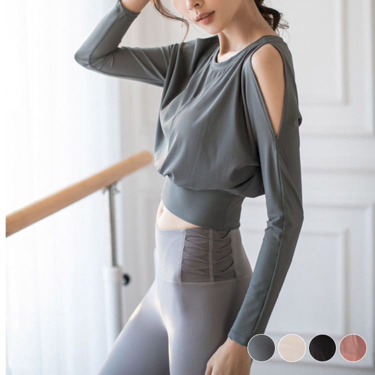 ヨガウェア トップス Tシャツ レディース 長袖 無地 ショート丈 ドルマン袖 肩見せ ゆったり おしゃれ ヨガ フィットネス スポーツウェアランニング ジョイフィール joyfeel