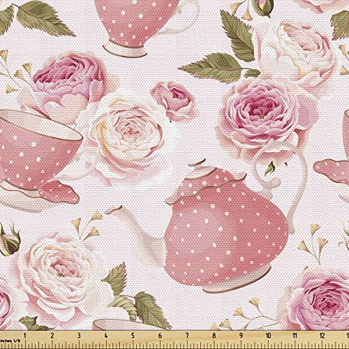 Ambesonne Floral Fabric by The Yard, Vintage Style Tea Cups with Roses Roma