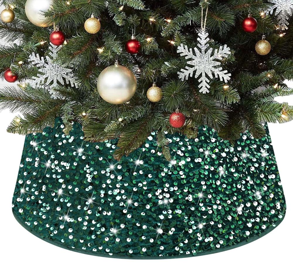 Sequin Christmas Tree Collar Glitter Tree Skirt Emerald Green Velvet Fabric