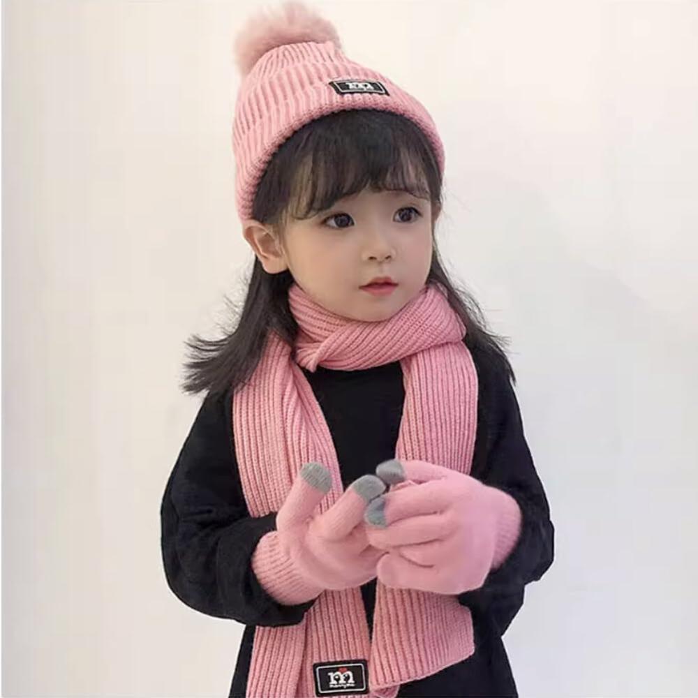 Winter Kids Hat Scarf Glove Set Fleece Lined Knit Beanie Neck Warmer Finger
