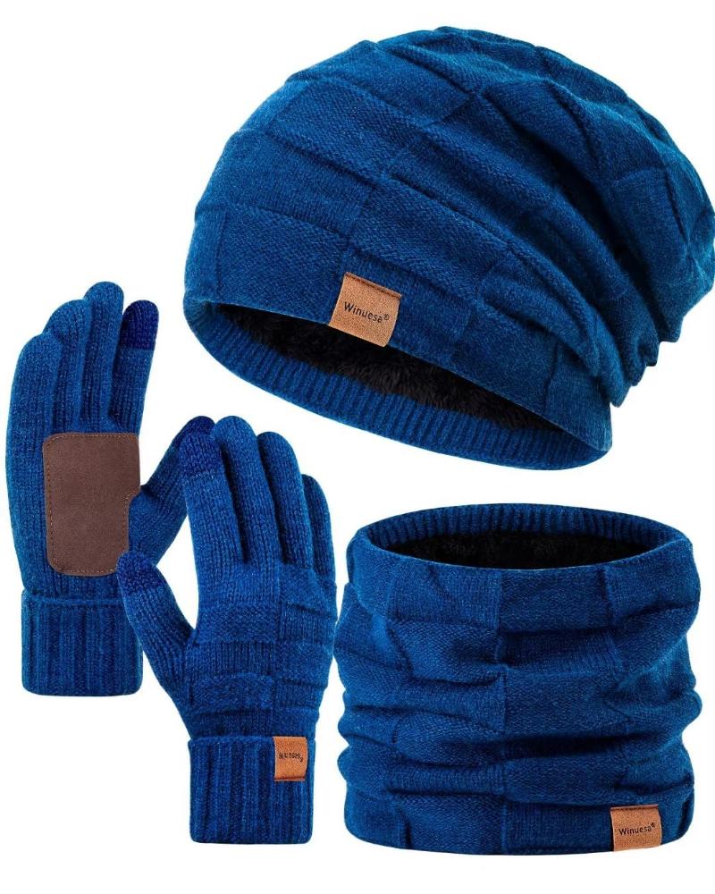 Mens Hat Scarf and Gloves Set Winter, Thick Thermal Fleece Lined Slouchy Be