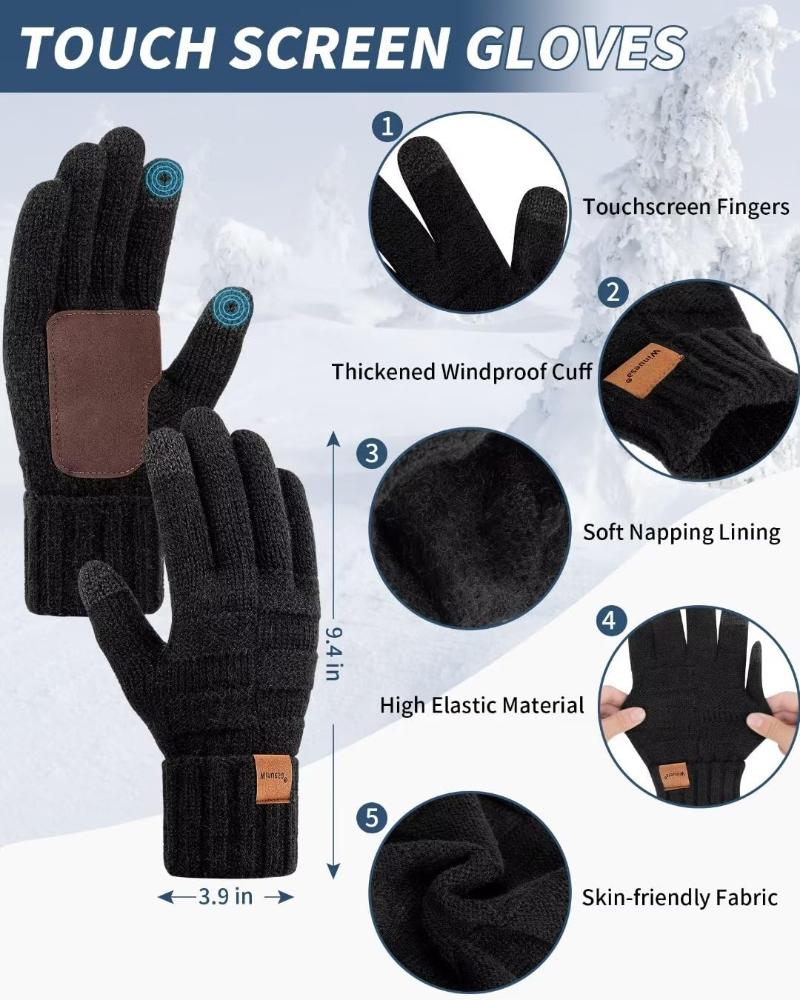 Mens Hat Scarf and Gloves Set Winter, Thick Thermal Fleece Lined Slouchy Be