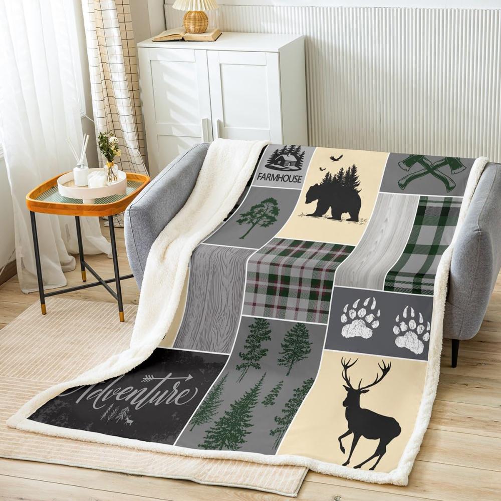Farmhouse Cabin Throw Blanket, Rustic Bear Deer Fleece Blanket 40X50 Woodla