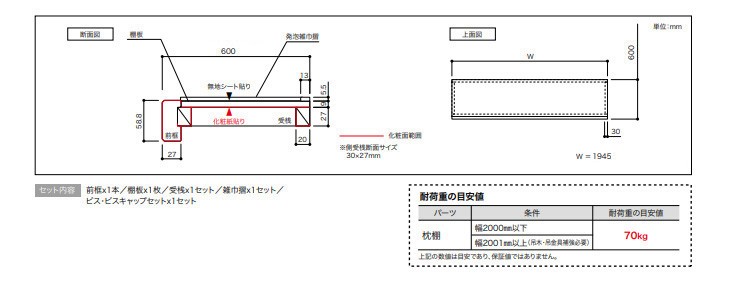 Cシリーズ 幅1945mm Ebコート仕様 住宅設備 幅1945mm 枕棚セット Mc Mlw66 A 住建本舗 Cシリーズ Mc Mlw66 A 奥行600mm 南海プライウッド シェルホワイト