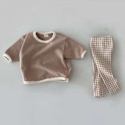  baby clothes setup top and bottom set T-shirt 70 80 90 100 short sleeves newborn baby man girl simple child baby clothes Korea clothes check plain celebration of a birth 