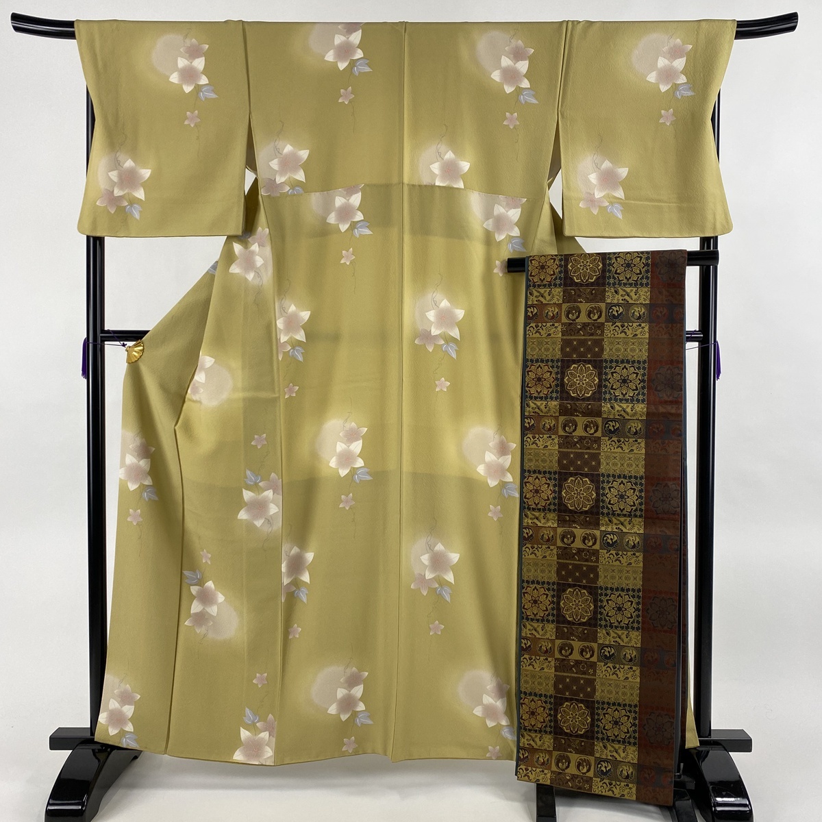 アウトレット送料無料 小紋 美品 秀品 袋帯セット 朝顔 縮緬 抹茶色 袷 身丈162cm 裄丈70cm L 正絹 海外正規品 Www Thedailyspud Com