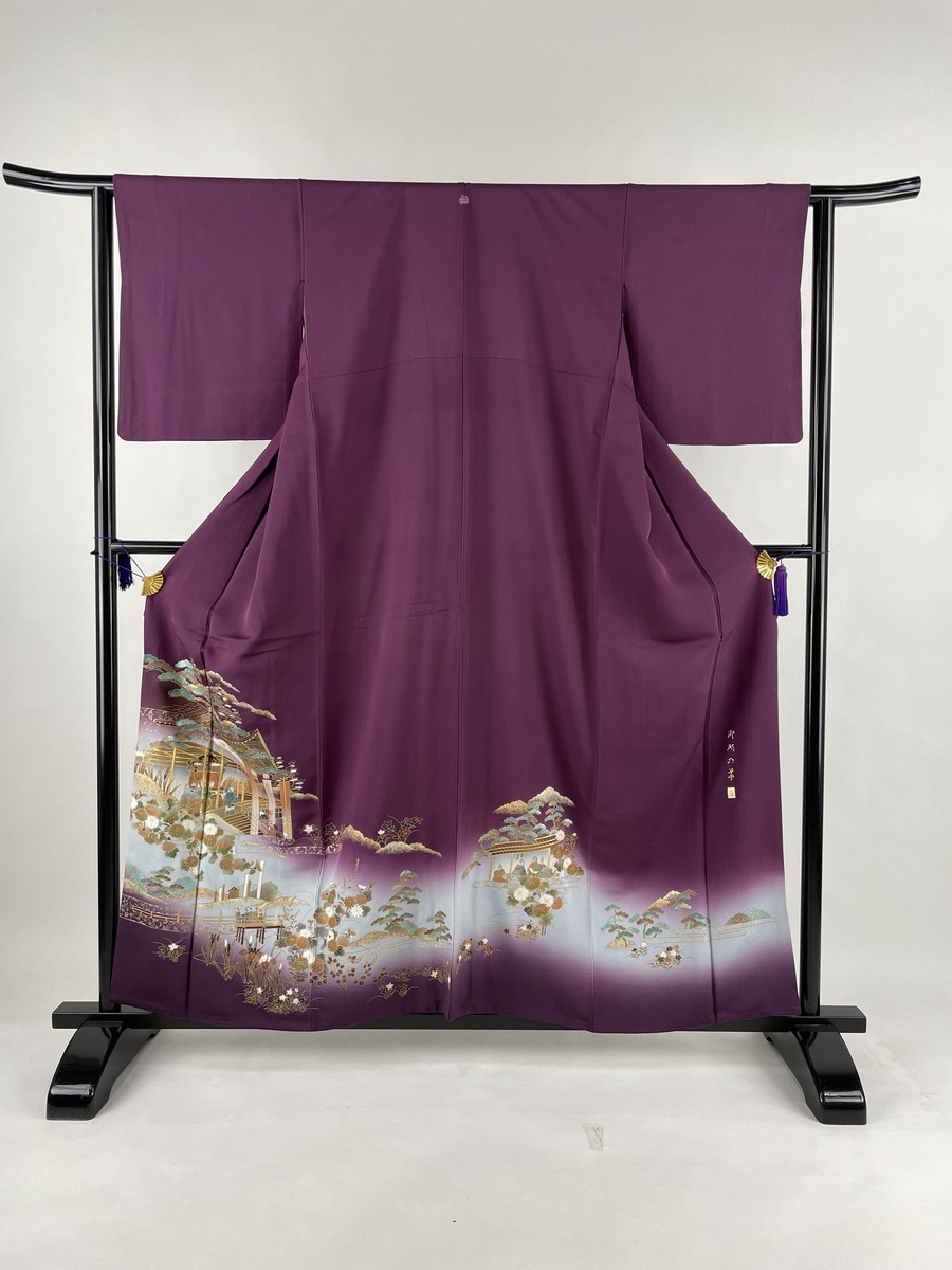 公式の 色留袖 名品 落款あり 一つ紋 御所の華 御所風景 松 金彩 ぼかし 紫 袷 身丈158cm 裄丈63 5cm S 正絹 最高の Www Technet 21 Org