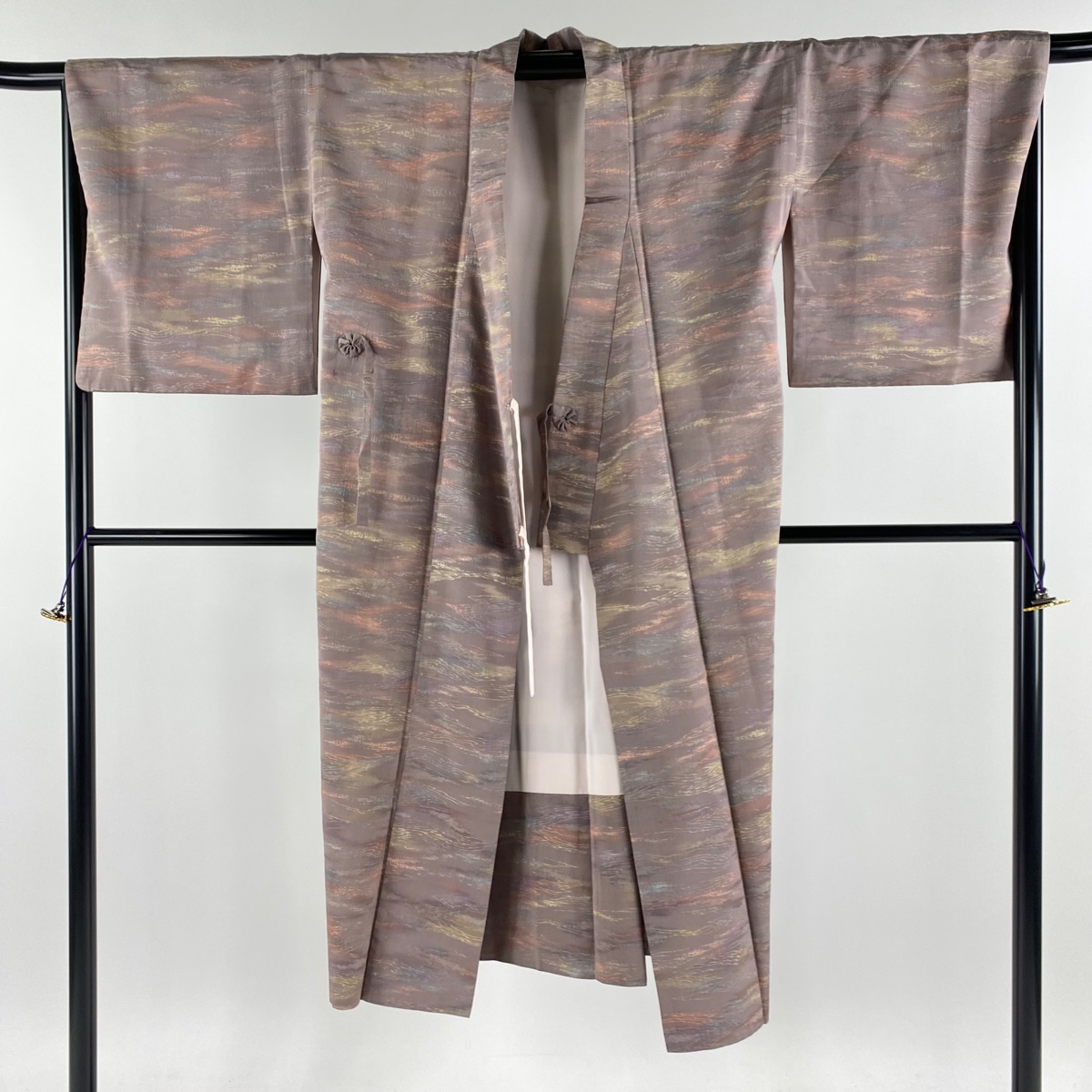  door garment length 130cm sleeve length 68.5cm L Japanese clothes coat kimono collar wood grain pattern ash purple silk name goods used 